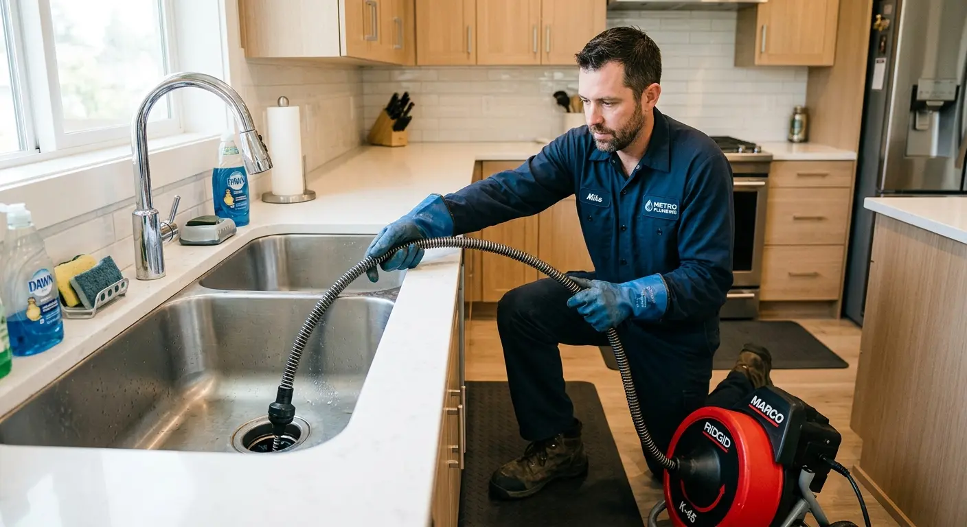 Drain cleaning technician using a motorized snake on a kitchen sink in Spring Arbor