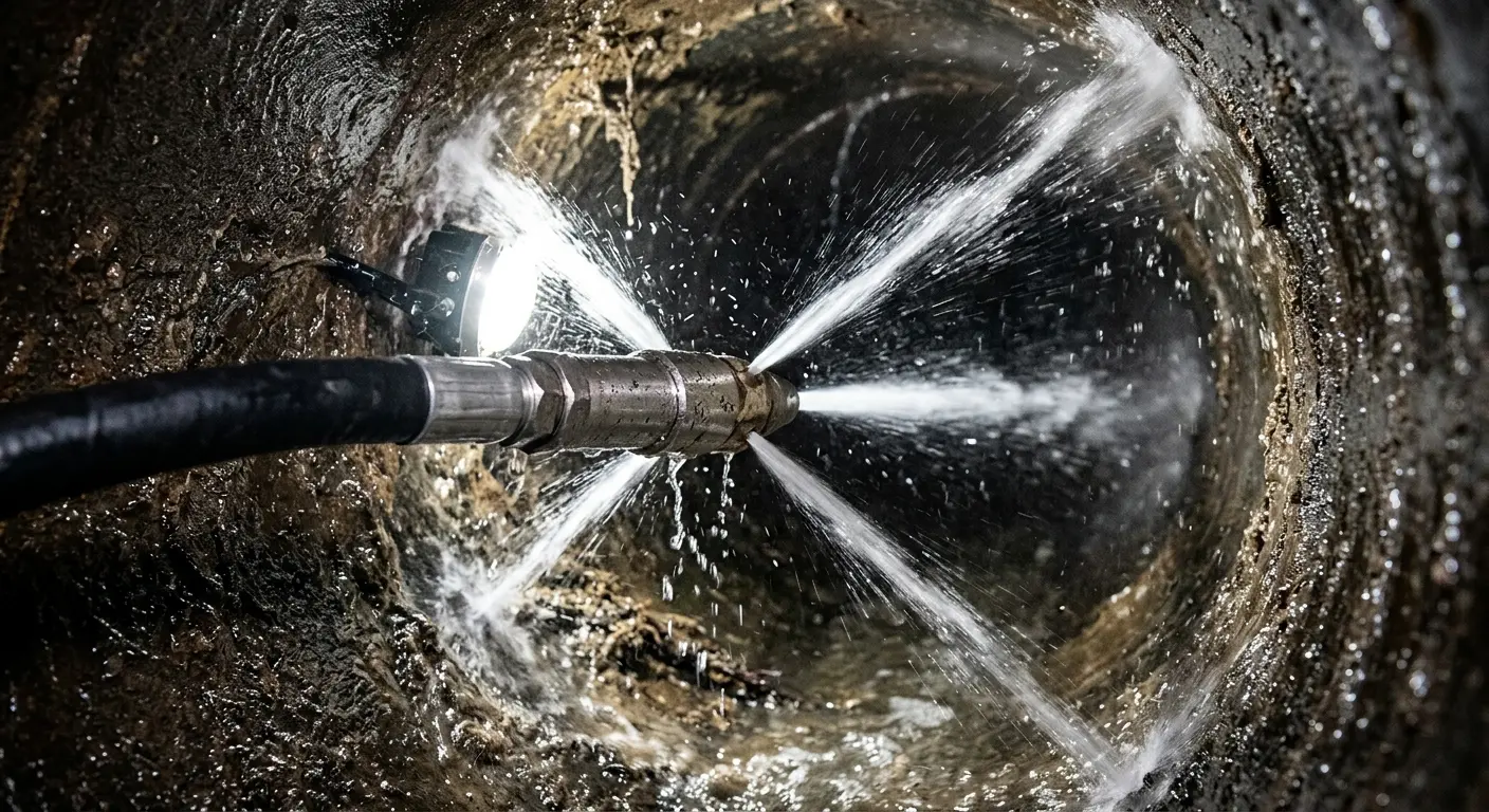 High-pressure hydro jetting nozzle cleaning sewer pipe for Trenchless Sewer Repair in Spring Arbor