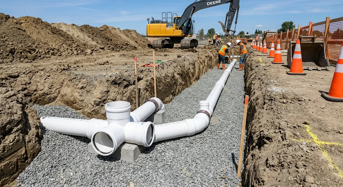 New PVC sewer pipe installation in open trench for Sewer Backup in Spring Arbor