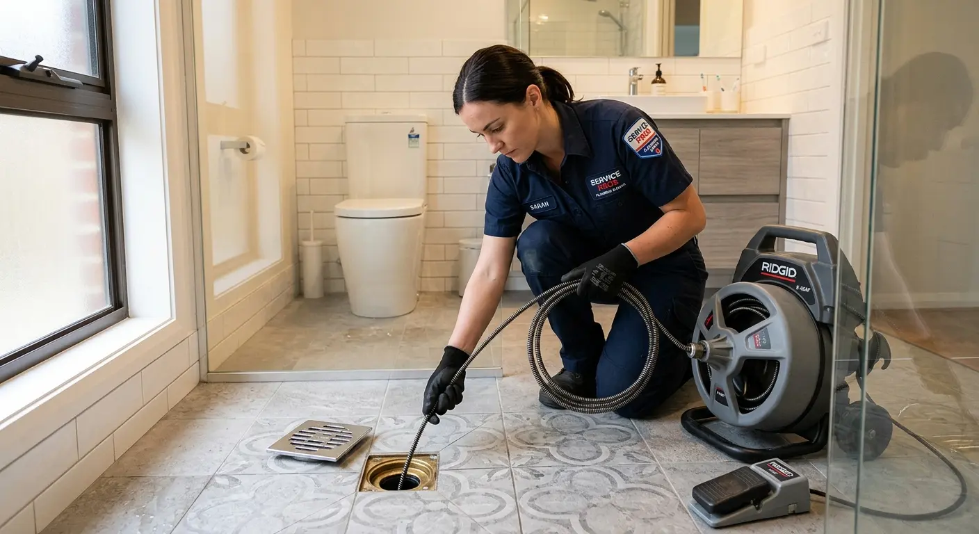 Technician clearing a bathroom floor drain for Drain Cleaning in Spring Arbor